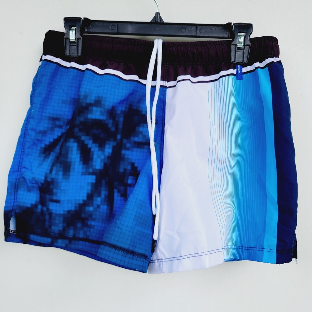Skmpeez mens summer Swim Trunks Medium Blue palm tree print 5" inseam